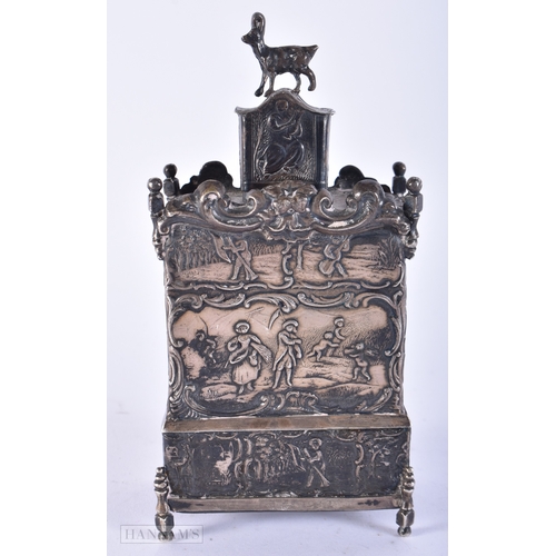 168 - AN UNUSUAL 19TH CENTURY CONTINENTAL SILVER TEA CADDY AND COVER decorated with figures in landscapes.... 