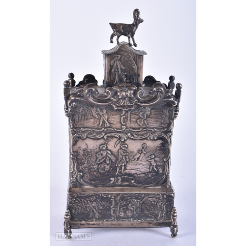 168 - AN UNUSUAL 19TH CENTURY CONTINENTAL SILVER TEA CADDY AND COVER decorated with figures in landscapes.... 