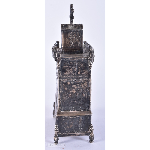 168 - AN UNUSUAL 19TH CENTURY CONTINENTAL SILVER TEA CADDY AND COVER decorated with figures in landscapes.... 