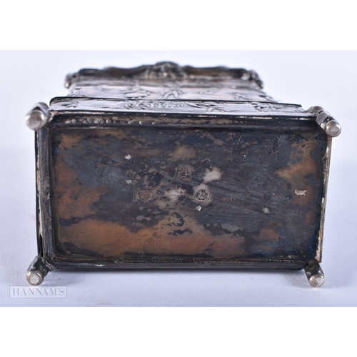 168 - AN UNUSUAL 19TH CENTURY CONTINENTAL SILVER TEA CADDY AND COVER decorated with figures in landscapes.... 