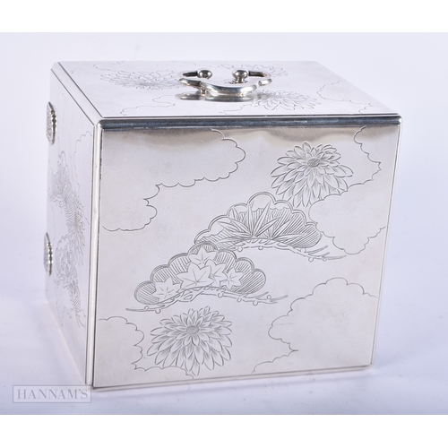 169 - A LATE 19TH CENTURY JAPANESE MEIJI PERIOD SILVER KODANSU CABINET decorated with foliage. 732 grams o... 