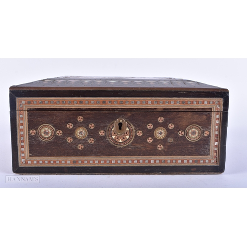 170 - A 19TH CENTURY ANGLO INDIAN MOTHER OF PEARL INLAID ISLAMIC BOX decorated with foliage. 18 cm x 12cm.