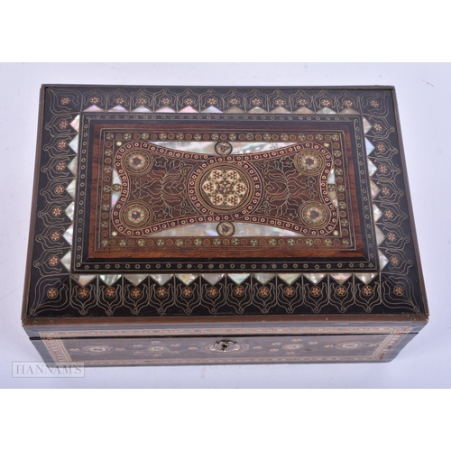 170 - A 19TH CENTURY ANGLO INDIAN MOTHER OF PEARL INLAID ISLAMIC BOX decorated with foliage. 18 cm x 12cm.