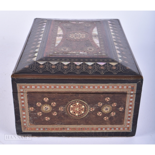 170 - A 19TH CENTURY ANGLO INDIAN MOTHER OF PEARL INLAID ISLAMIC BOX decorated with foliage. 18 cm x 12cm.