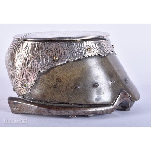 172 - AN ANTIQUE SILVER MOUNTED HOOF INKWELL probably by Rowland Ward. 645 grams. 14 cm x 9 cm.