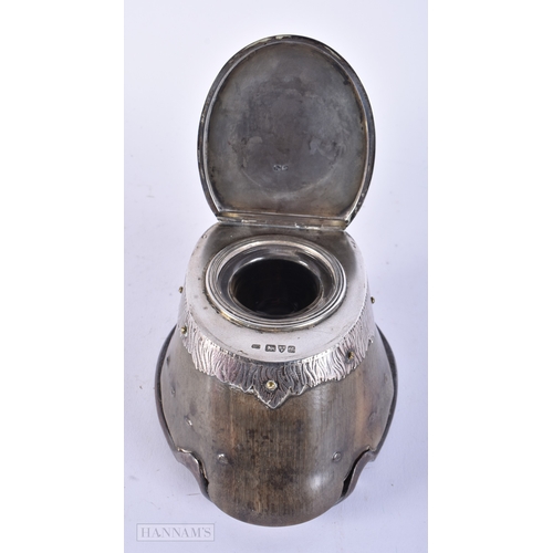 172 - AN ANTIQUE SILVER MOUNTED HOOF INKWELL probably by Rowland Ward. 645 grams. 14 cm x 9 cm.