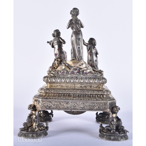 176 - A FINE 19TH CENTURY AUSTRIAN VIENNA SILVER RUBY AND ENAMEL CLOCK formed with figures and maidens. 92... 