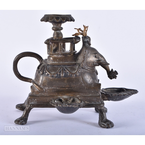 179 - AN ANTIQUE INDIAN BRONZE ELEPHANT OIL LAMP. 13 cm x 13 cm.