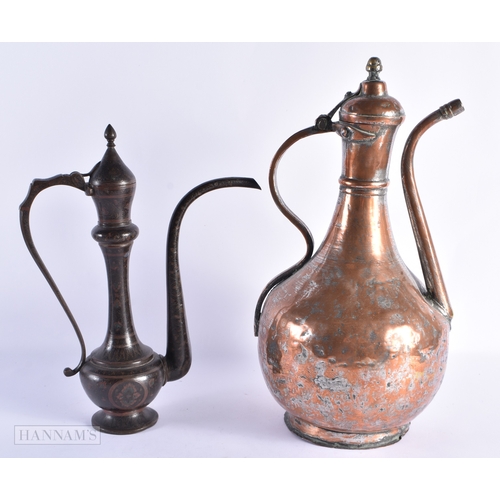 313 - A LARGE EARLY ISLAMIC PERSIAN COPPER ALLOY EWER together with an enamelled Indian ewer. Largest 40 c... 