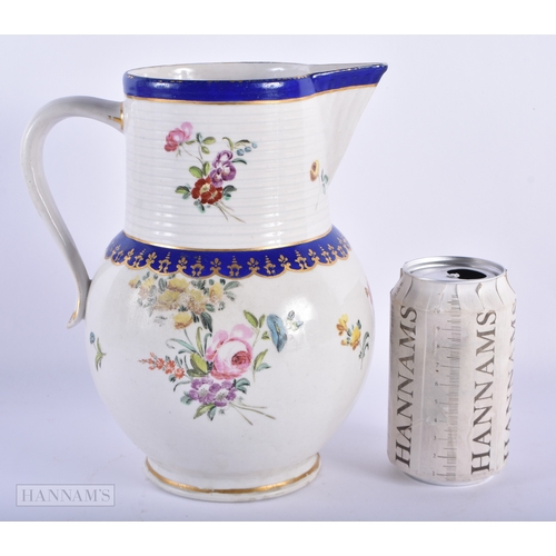 315 - A RARE LARGE 18TH CENTURY DERBY PORCELAIN JUG painted with flowers under a blue line banding. 22 cm ... 