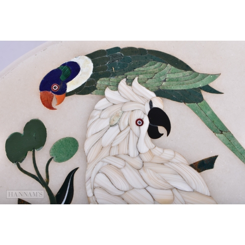 331 - AN EARLY 20TH CENTURY CONTINENTAL PIETRA DURA INLAID STONE BOX AND COVER decorated with birds amongs... 