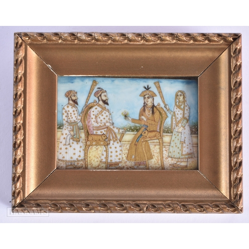 339 - A 19TH CENTURY INDIAN PAINTED WATERCOLOUR depicting four figures. 12cm x 9.25cm.