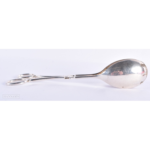 345 - AN UNUSUAL PAIR OF ART DECO SILVER SALAD SERVING TONGS. 142 grams. Birmingham 1937. 21 cm x 6.5 cm.