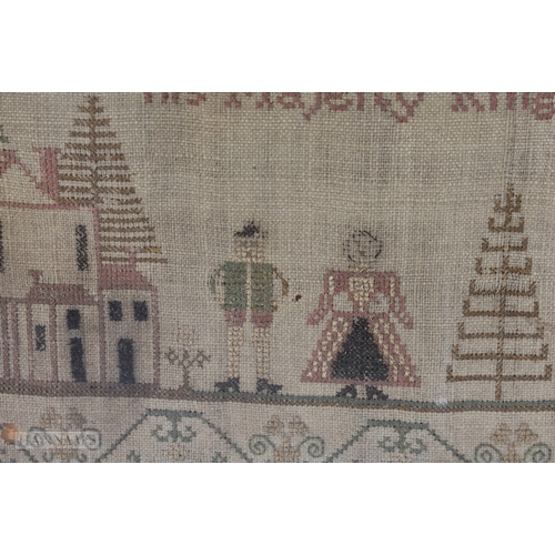 369 - A 19TH CENTURY FOLK ART EMBROIDERED SAMPLER possibly American, decorated with birds and houses. 45 c... 