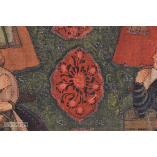 370 - A LARGE 19TH CENTURY INDIAN PERSIAN PAINTED SILK PANEL decorated with figures within interiors. 98 c... 