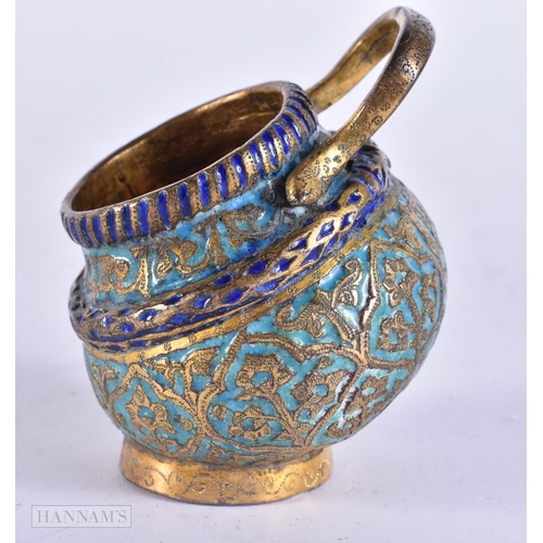 375 - AN UNUSUAL 19TH CENTURY ISLAMIC INDIAN ENAMELLED BRONZE CAULDRON decorated with foliage. 7.25cm high... 