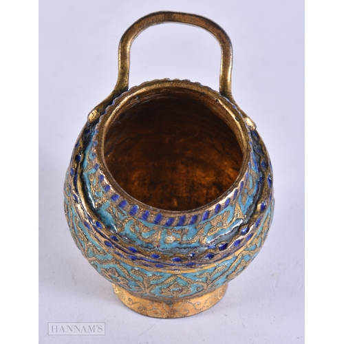 375 - AN UNUSUAL 19TH CENTURY ISLAMIC INDIAN ENAMELLED BRONZE CAULDRON decorated with foliage. 7.25cm high... 