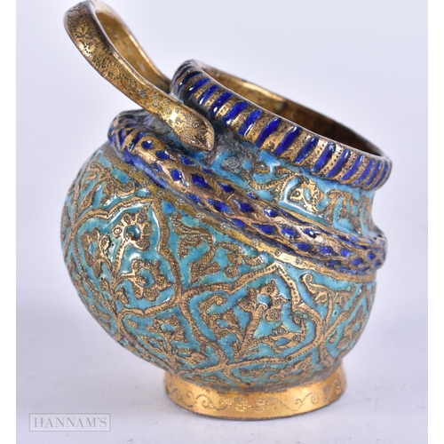 375 - AN UNUSUAL 19TH CENTURY ISLAMIC INDIAN ENAMELLED BRONZE CAULDRON decorated with foliage. 7.25cm high... 