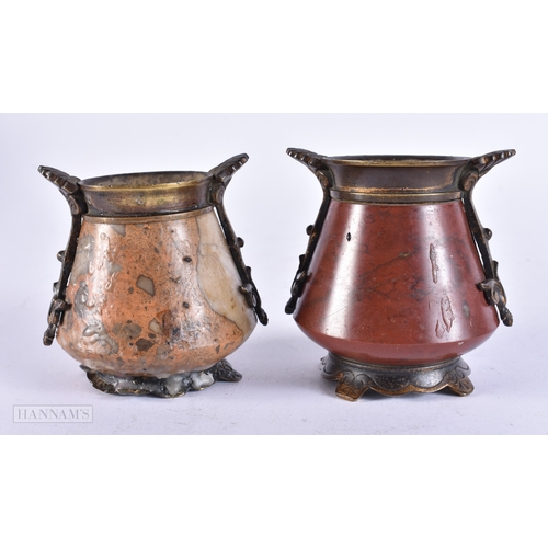 376 - AN UNUSUAL PAIR OF 19TH CENTURY GRAND TOUR BRONZE AND POLISHED STONE VASES. 8 cm x 6 cm.