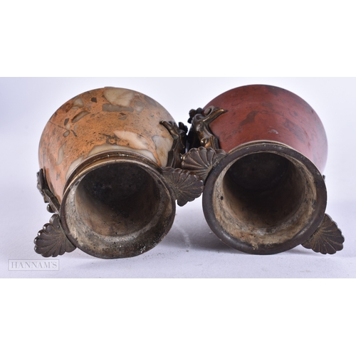 376 - AN UNUSUAL PAIR OF 19TH CENTURY GRAND TOUR BRONZE AND POLISHED STONE VASES. 8 cm x 6 cm.