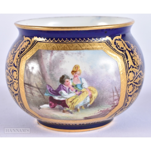 377 - A 19TH CENTURY FRENCH SEVRES PORCELAIN SMALL SUGAR BOWL painted with figures in a landscape. 8 cm di... 