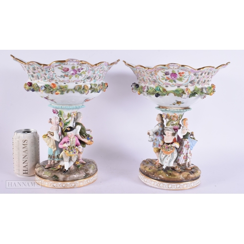 405 - A LARGE PAIR OF 19TH CENTURY GERMAN MEISSEN STYLE PORCELAIN COMPORTS modelled with numerous figures ... 