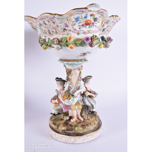 405 - A LARGE PAIR OF 19TH CENTURY GERMAN MEISSEN STYLE PORCELAIN COMPORTS modelled with numerous figures ... 