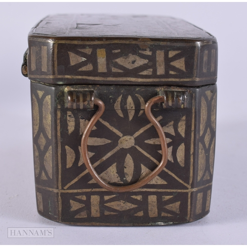 408 - AN 18TH/19TH CENTURY PERSIAN ISLAMIC INLAID BRONZE BOX. 14 cm x 8 cm.