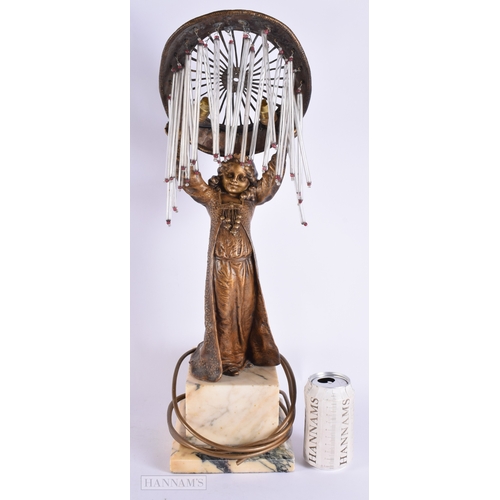 409 - A LOVELY UNUSUAL ART DECO GILT BRONZE FIGURAL LAMP modelled as a female holding aloft a shade with h... 