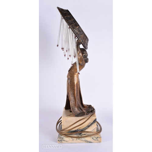 409 - A LOVELY UNUSUAL ART DECO GILT BRONZE FIGURAL LAMP modelled as a female holding aloft a shade with h... 