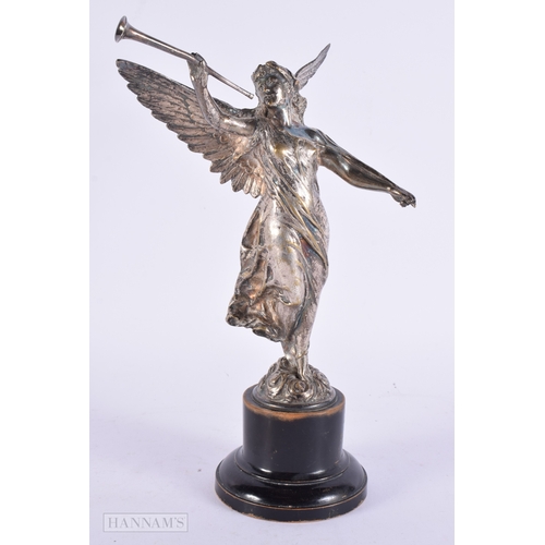 413 - A 19TH CENTURY EUROPEAN SILVERED BRONZE FIGURE OF A WINGED FEMALE modelled blowing a horn. 25cm high... 