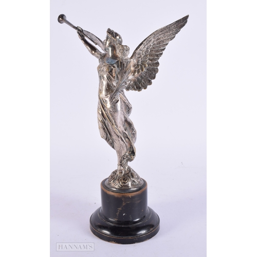 413 - A 19TH CENTURY EUROPEAN SILVERED BRONZE FIGURE OF A WINGED FEMALE modelled blowing a horn. 25cm high... 