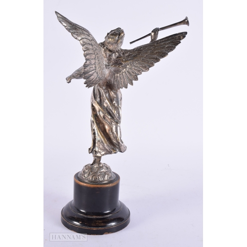 413 - A 19TH CENTURY EUROPEAN SILVERED BRONZE FIGURE OF A WINGED FEMALE modelled blowing a horn. 25cm high... 