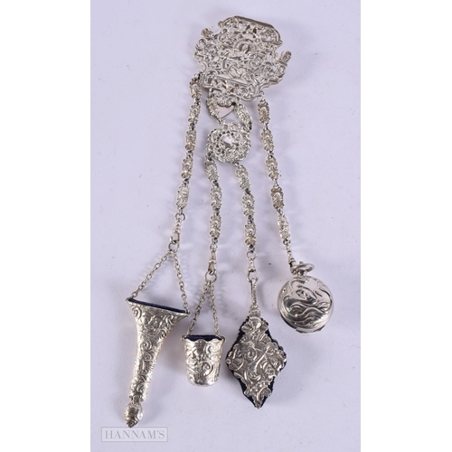 414 - A LOVELY ART NOUVEAU SILVER PLATED LADIES CHATELAINE. 32 cm long.