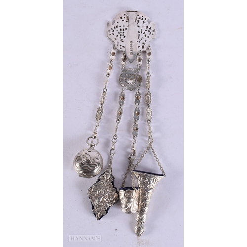 414 - A LOVELY ART NOUVEAU SILVER PLATED LADIES CHATELAINE. 32 cm long.