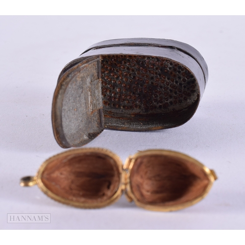 416 - A GEORGE III TOLEWARE NUTMEG GRATER together with an antique nut locket. Largest 5 cm x 2.5 cm. (2)