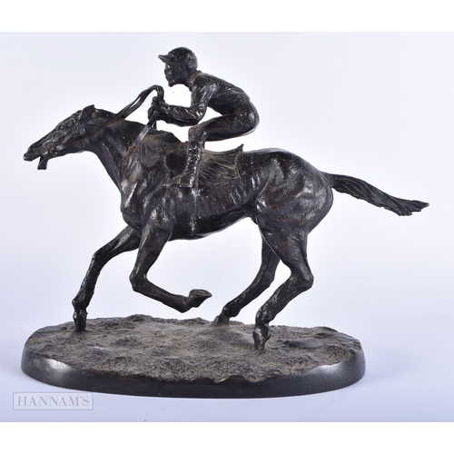 451 - A BRONZE HORSE AND JOCKEY SCULPTURE After P J Mene. 22 cm x 22 cm.