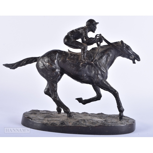 451 - A BRONZE HORSE AND JOCKEY SCULPTURE After P J Mene. 22 cm x 22 cm.