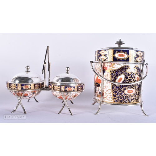 483 - TWO ANTIQUE DAVENPORT IMARI AND SILVER PLATED JARS. Largest 18 cm high. (2)