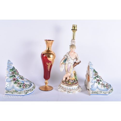 485 - A LARGE ANTIQUE GERMAN PORCELAIN FIGURAL LAMP together with a pair of brackets & a ruby glass vase. ... 