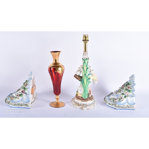 485 - A LARGE ANTIQUE GERMAN PORCELAIN FIGURAL LAMP together with a pair of brackets & a ruby glass vase. ... 