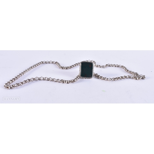 661 - A SILVER AND BLOODSTONE WATCH SEAL CHAIN. 31.8 grams. Chain 60 cm long, seal 2.5 cm x 2 cm.