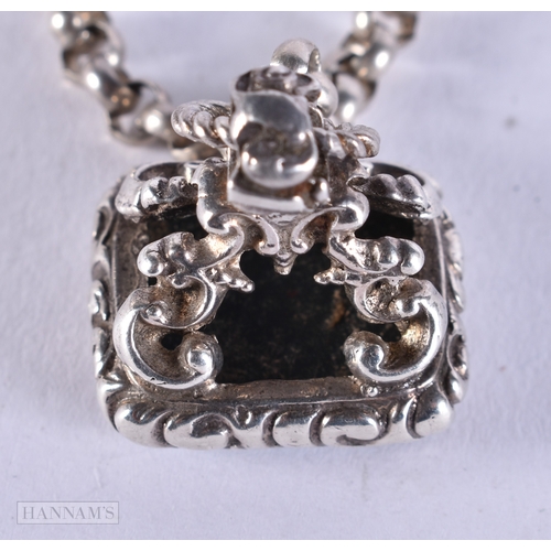 661 - A SILVER AND BLOODSTONE WATCH SEAL CHAIN. 31.8 grams. Chain 60 cm long, seal 2.5 cm x 2 cm.