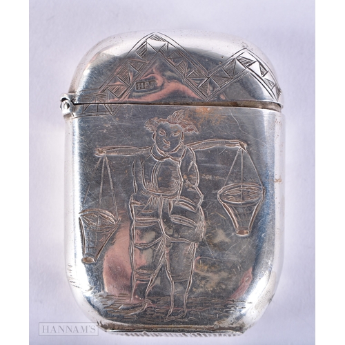 1299 - A Chinese theme engraved Victorian Silver Vesta case hallmarked Birmingham 1881, with an oriental fi... 