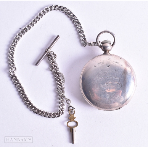 1343 - A Coin Silver Cased Pocket Watch and Chain.  5.6cm diameter, running, weight 142g