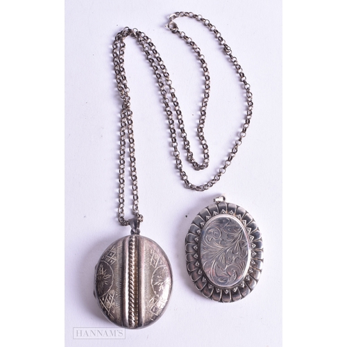 1427 - Collection of Sterling Silver Lockets inc. Etched, Antique, Chain x 2 53g. Longest 50 cm.