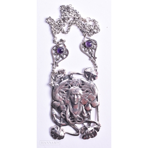 1675 - A SILVER AND AMETHYST MAIDEN NECKLACE. 48 grams. Chain 46 cm long, pendant 6.25cm x 4.5 cm.