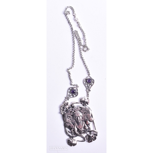 1675 - A SILVER AND AMETHYST MAIDEN NECKLACE. 48 grams. Chain 46 cm long, pendant 6.25cm x 4.5 cm.