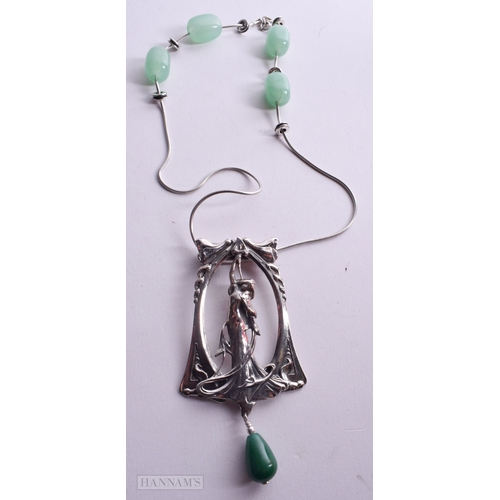 1705 - A SILVER AND JADE NECKLACE. 51 grams. Chain 45 cm long, pendant 8.5 cm x 4.5 cm.