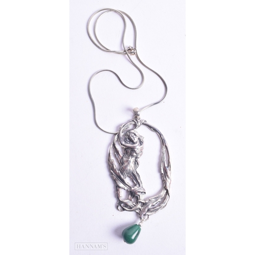 1734 - A SILVER AND JADE MAIDEN NECKLACE. 31 grams. Chain 48 cm long, pendant 10.25cm x 4.75 cm.